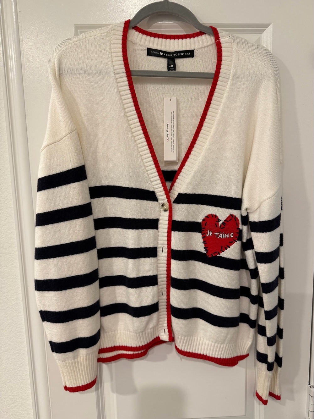 Rosenthal White Cardigan with Black Stripes and Red Trim, Heart Patch